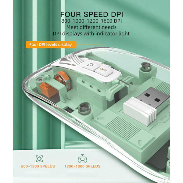 2.4G transparent Bluetooth gamingmus, tre anslutningslägen, justerbar DPI (Orange)