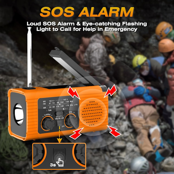 AM/FM/NOAA Soldriven Vevradio 2000mAh med Belysning och SOS-larm (Orange)