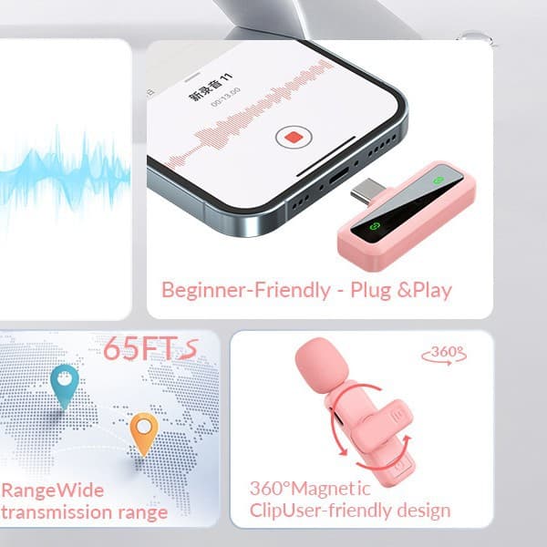 Trådløs USB-C Lavalier-mikrofon, 20 meters rækkevidde, 360° magnetisk klips Combination