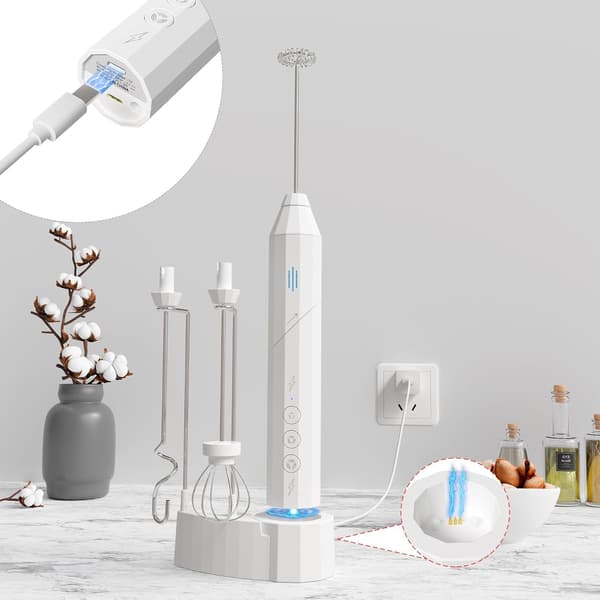 Melkeskummer - 3 hastigheter, 3 hoder i rustfritt stål, 2 grepsmetoder og USB-C ladestativ (hvit)