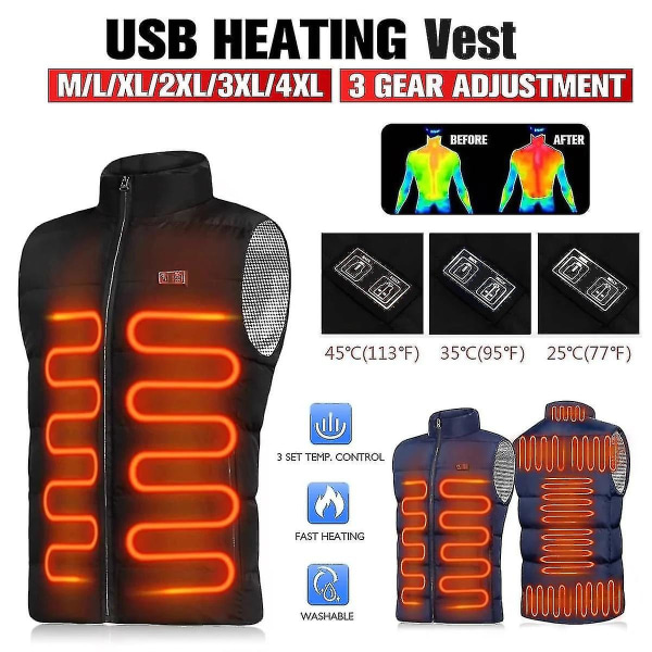 Uppvärmd väst Herr Dam USB Uppvärmd Jacka Uppvärmning Thermal 3XL Black