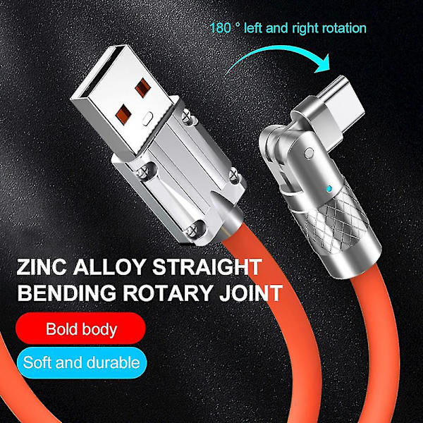 120cm USB C-kabel Roterande armbåge zinklegering till typ C snabbladdarkabel för Samsung för Huawei snabbladdare 120w 6a USB sladd Black Android