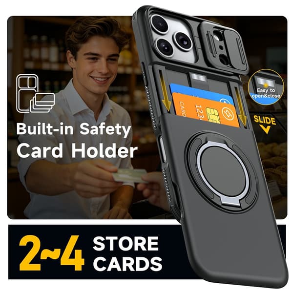 Etui til iPhone 17 Pro Max, Skydbart Kameradæksel Støtteben TPU + PC med Kortholder Orange For iPhone 17 Pro Max