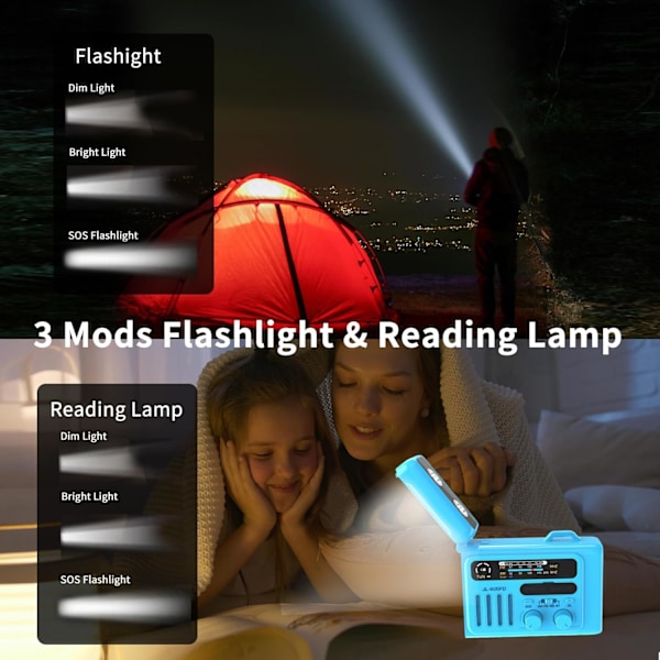 Solcellsdriven Nödradio med Handvev, NOAA/AM/FM med LED-ficklampa, SOS-larm & Kompass (Blå)
