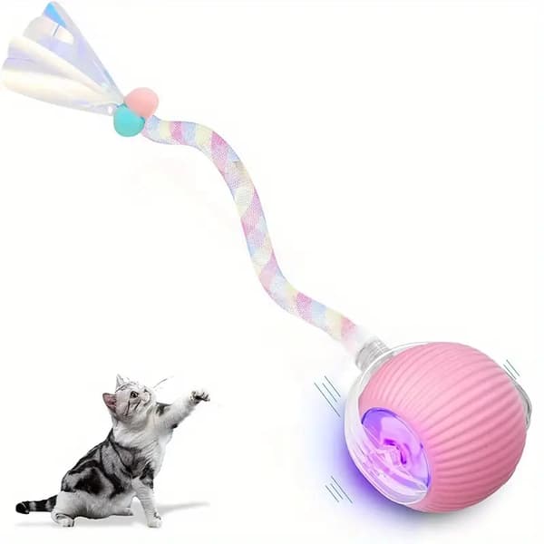 Legetøjsbolde til kat og hund, interaktiv rullende kattebolde med elastisk net hale (pink)