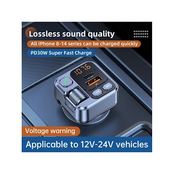 Bluetooth 5.1 Autoradio-adapteri FM-lähettimellä ja 30W USB-C PD -laturilla, tukee musiikkia - .