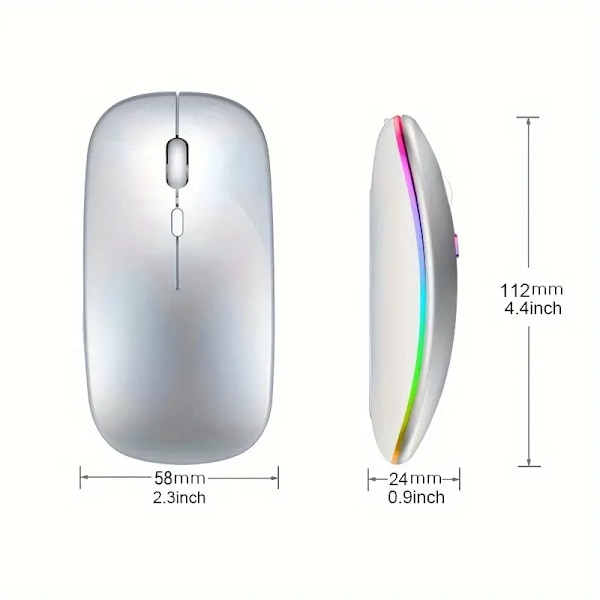 Trådløs Rgb Ultra-Tynd Mus, 2.4Ghz Genopladelig Bluetooth, Ergonomisk Design (Sølv)