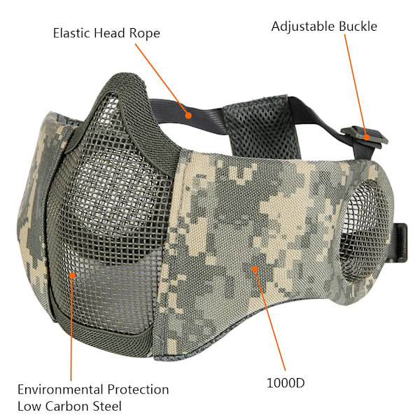Foldbar Taktisk Halv Ansigt Mesh Maske med Øredækning Beskyttelse (Python camouflage)