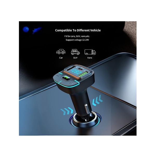 Bluetooth 5.3 FM Transmitter Biladapter - Bluetooth FM Transmitter til Bilradio Stereo Receiver til Håndfri Opkald Sort