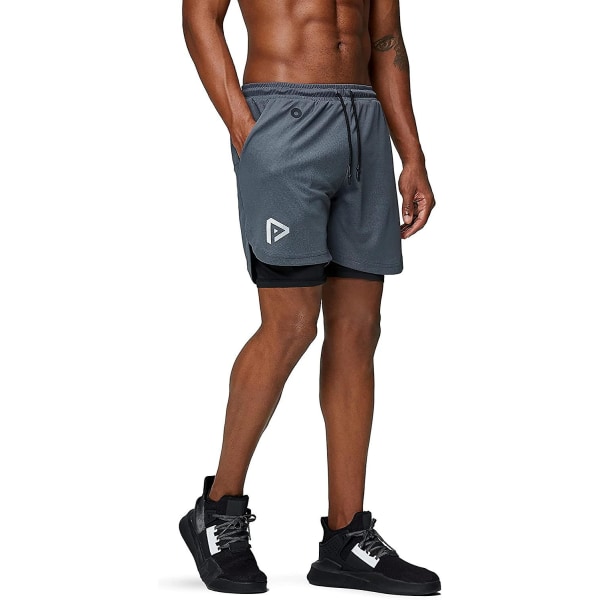 2 i 1 løbeshorts med telefonlomme Gym Workout Quick Dry Herreshorts 5 tommer Grey Large