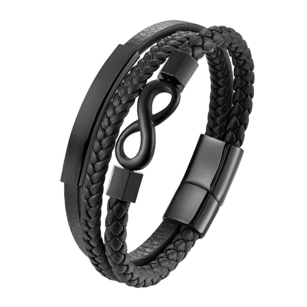 Armband För Infinity Knut Dubbelflätat Läder Svart (21Cm)