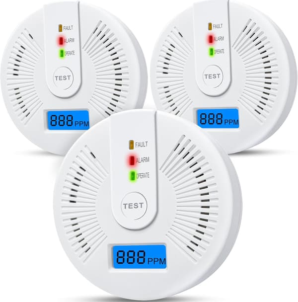 Kuliltealarmer, batteridrevne, 3-pak med lys og digitalt display