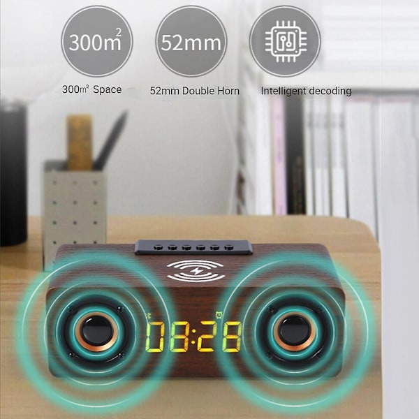 Nopea langaton laturi Puinen langaton Bluetooth-kaiutin Herätyskello 3D-stereokaiutin (Ruskea puun syy)