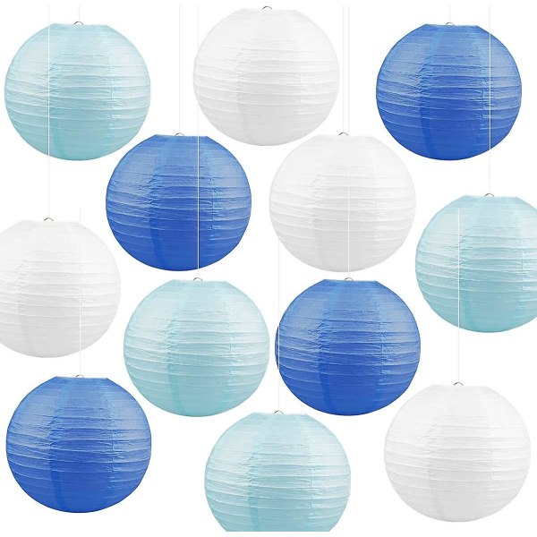 12 st runda papperslyktor med ribbor, lampskärm, 20 cm (vit blå) Betterlifefg