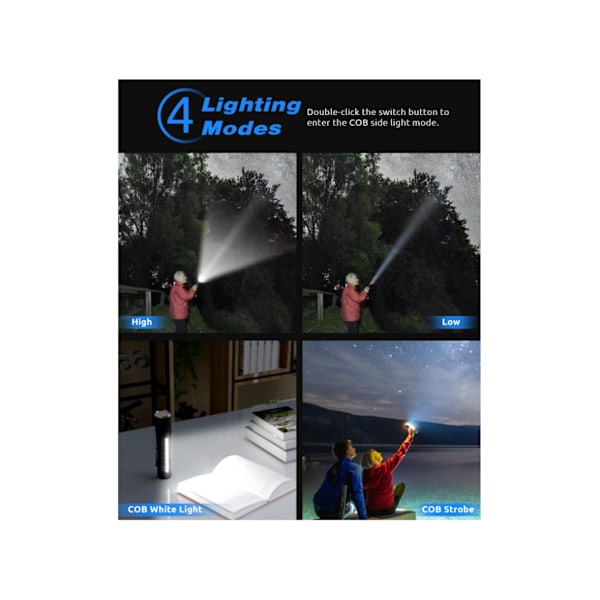 Magnetisk LED-ficklampa, 4 lägen, Superljus, Vattentät, Zoombar, Clip-On, Idealisk för vandring - .