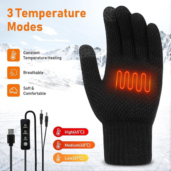 USB-oppvarmede hansker for menn og kvinner Varme vinterhansker med berøringsskjerm med 3 justerbare varmenivåer