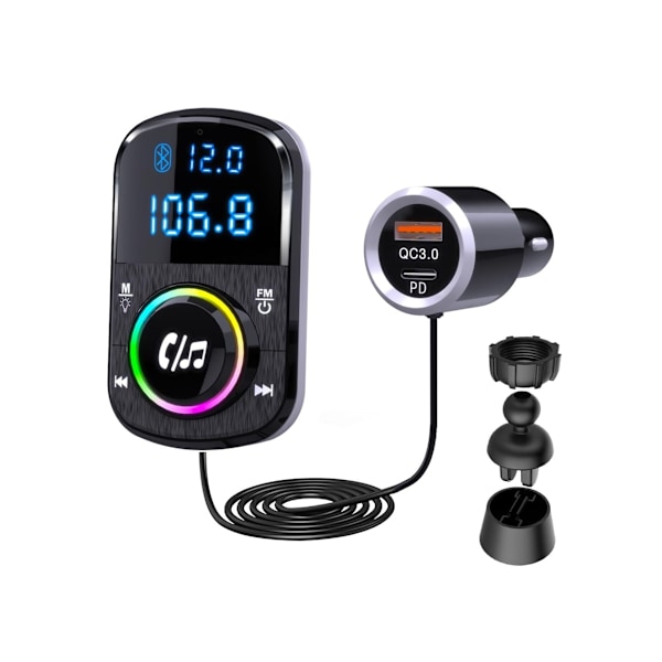 Bil Bluetooth Transmitter FM Transmitter Understøtter Håndfri/Qc3.0&PD Hurtig Oplader/Ambient Lys/Selvklæbende Base&Clip Med