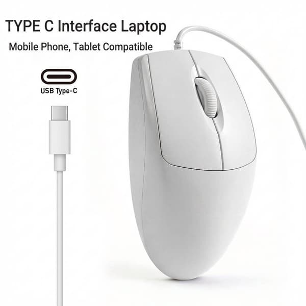 Kablet mus, 1200DPI Plug and play, Type-c-plugg (hvit)