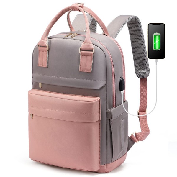 Laptopryggsäck för kvinnor 15 tum, med USB-port, vattentät rese ryggsäck rosa grå