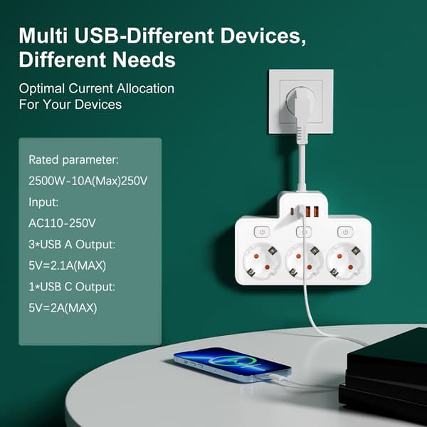 3-vejs stikdåse 4000W 16A med 3 USB-porte (sort)