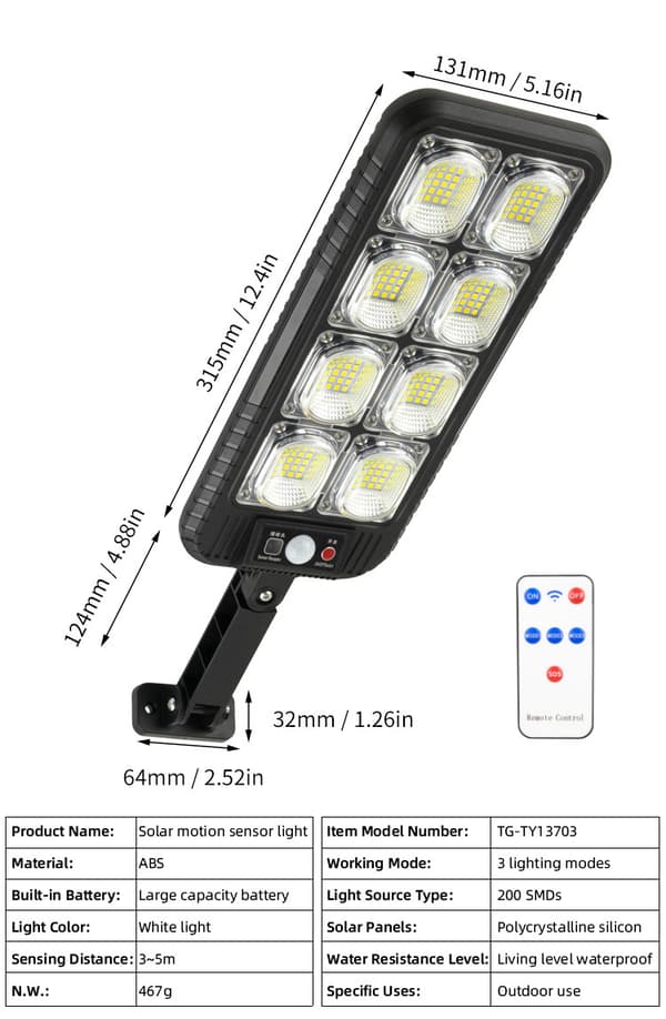 Utendørs Solar Flomlys Lampe 200 LED med Bevegelsessensor, IP65 Vanntett 3 Moduser 200 LED