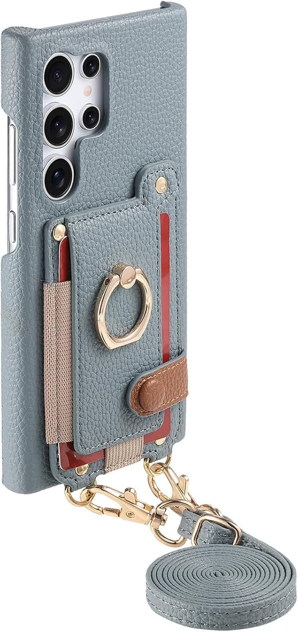 Etui til Samsung Galaxy S25 Plus, med kortpladser, ringholder, skulderrem (blå)