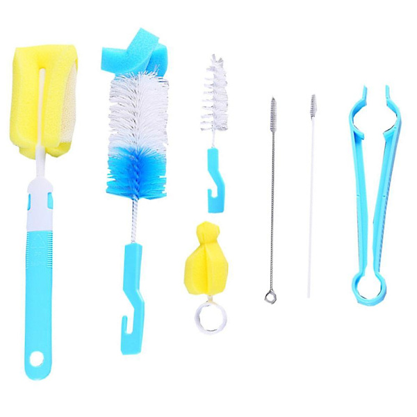Bottle Brush Cleaner, Set med 7, Silikon lång svampflaskborste Blue