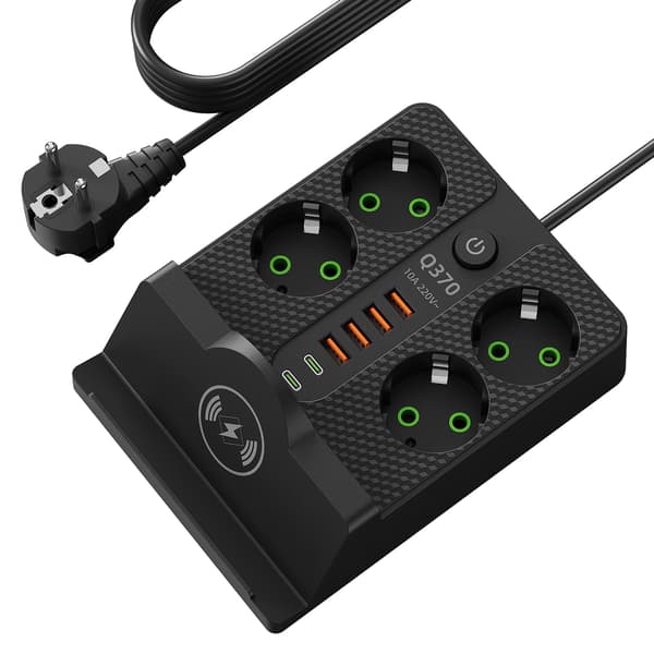 EU-stikdåse med 4 AC-udtag + 4 USB-porte + 2 Type C, trådløs opladning (sort)