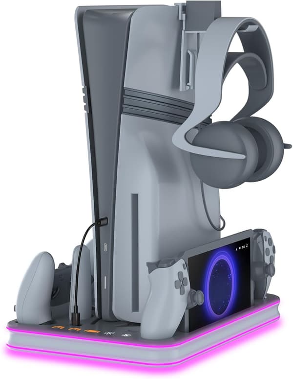 Køleventilator - Med 3-niveau kølestation og RGB-controller ladestation til PS5 Pro/Slim/PS5 (grå)