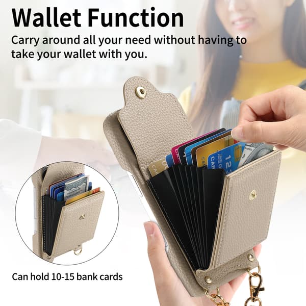 Etui til iPhone 16 Pro Max, læderpung med snor og kompakt spejl (pink)
