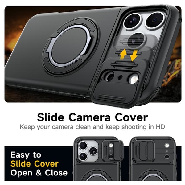 Etui til iPhone 18 Pro, skyvbart kameradeksel, støtteben TPU + PC med kortholder Black For iPhone 18 Pro