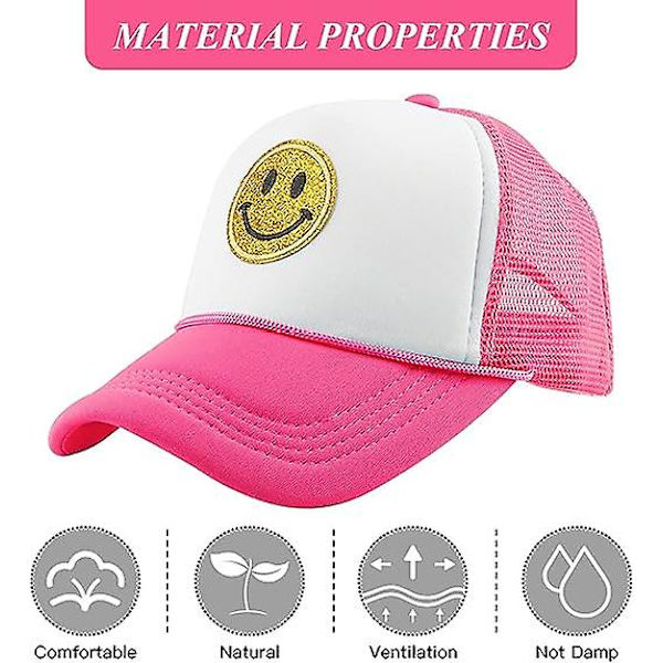 Unisex baseball cap Smiley, keltainen kimalteleva smiley brodeerattu kuorma-autohattu pink