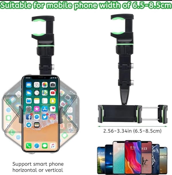 360° Roterbar Telefonholder, Universal Justerbar Til Bil Bakspejl (Grå)