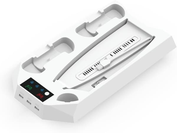 Køleventilator - RGB LED til PS5, Dobbelt ladestation til Dualsense Edge Controller (Hvid)