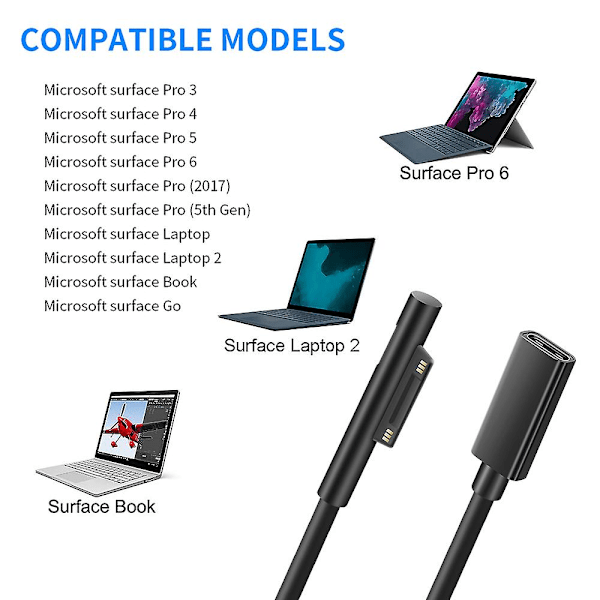 USB Type C PD 15V Strømadapter Konverter Opladerkabel til Surface Pro 7/6/5/4/3/GO/BOOK Bærbar 1/2