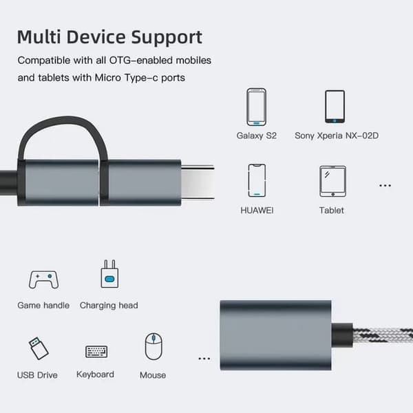 Adaptrar 2-i-1 USB Hona till Micro USB/TYPE-C OTG-kabel (Grå)