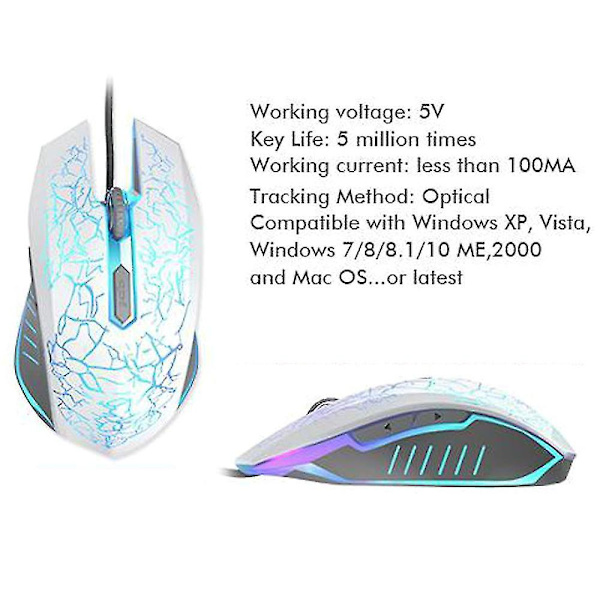 Sjq Gaming Mus Usb Wired 2400 Dpi Ergonomisk Gamer Mus Led Baggrundsbelyst White