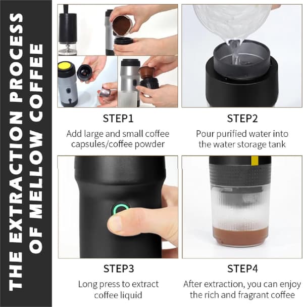 Bærbar kaffemaskine, 60 ml espressomaskine til kaffekapsler/pulver, sort