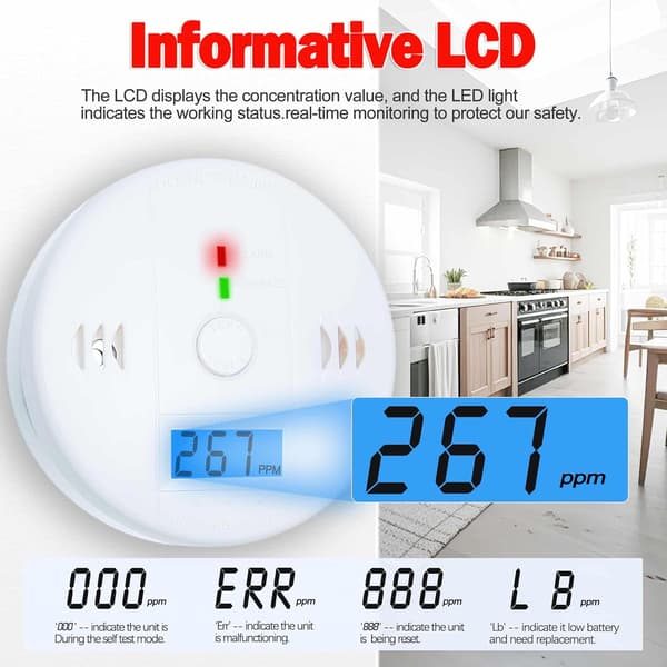 3-pack kolmonoxiddetektorer, batteridrivna med LCD-display