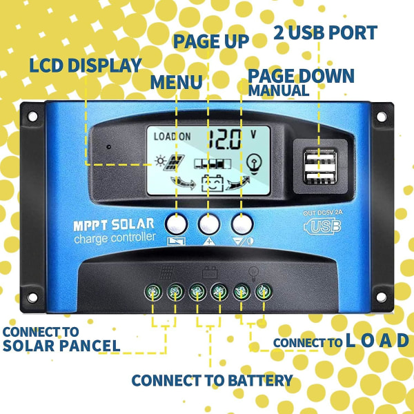 Mppt 100a 12v/24v autofokus sporing solpanel ladecontroller regulator med dobbelt usb port, lcd skærm, ny mppt teknisk