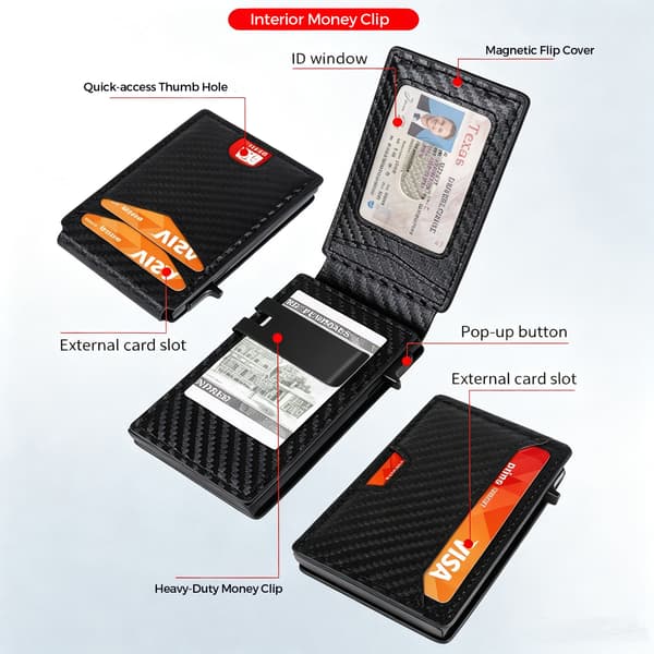 Rfid Blokerende Kulfiber Pop-Up Kortholder, Med Pengeclips & ID-Vindue Black