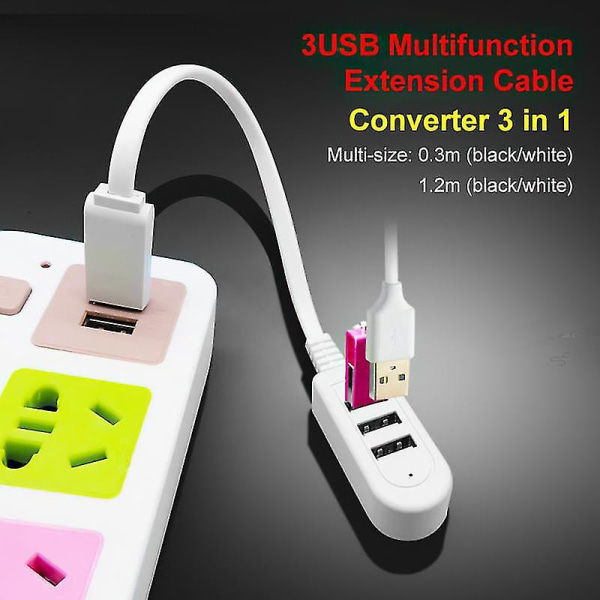 Ryra 3usb Port Hub Universal 3a Laddare Converter Extension Mini USB Dockningsstation USB Hub Digital Datakabel För Dator 30cm white