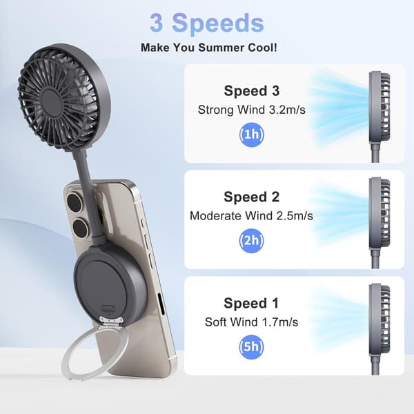 Magnetisk telefonventilator, genopladelig med ringholder USB (grå)
