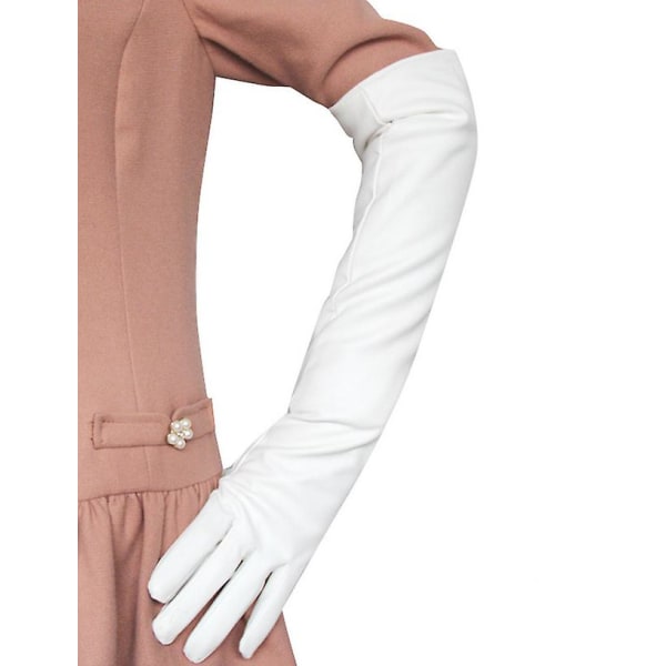 Kvinder Simuleringshandsker Læder Silkeagtig Foring Lang Over Albue Elegant Mitten 50CM White L