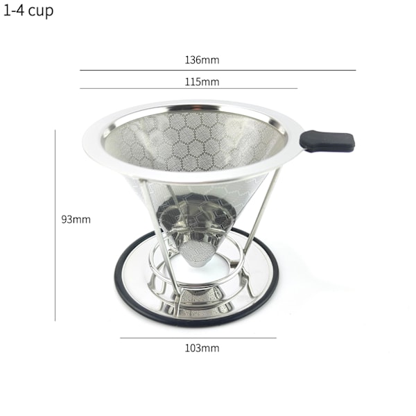 Kaffefilter Gjenbrukbart Rustfritt Stål 1-4 Porsjoner Med Stativ (1Cm Bunn) (Honeycomb Ytre Nett 300 Mesh)
