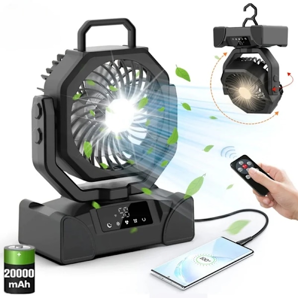 Bordsfläkt - Campingfläkt 20000Mah Uppladdningsbar Med Lampa Och Fjärrkontroll (Svart)
