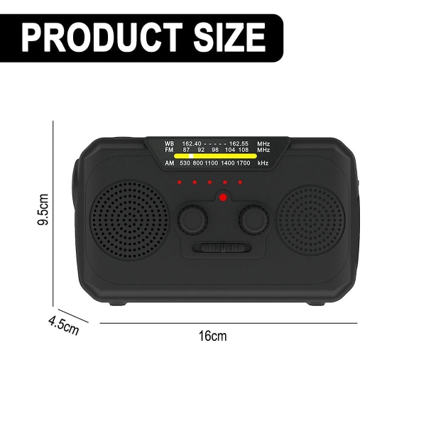 Nødhåndsvingsradio med LED-lommelygte til nødsituationer, Am/fm/wb bærbar vejrradio, USB genopladelig black