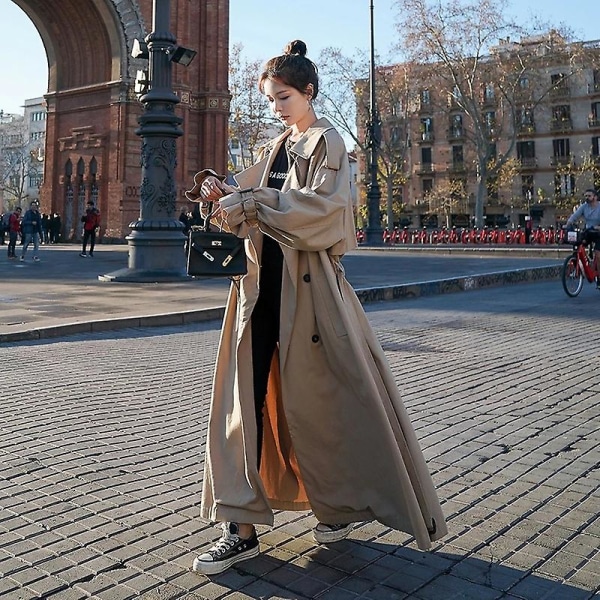 Trenchcoat for kvinner løs overdimensjonert lang jakke Dobbeltspent belte damekappe grå vindjakke M Khaki