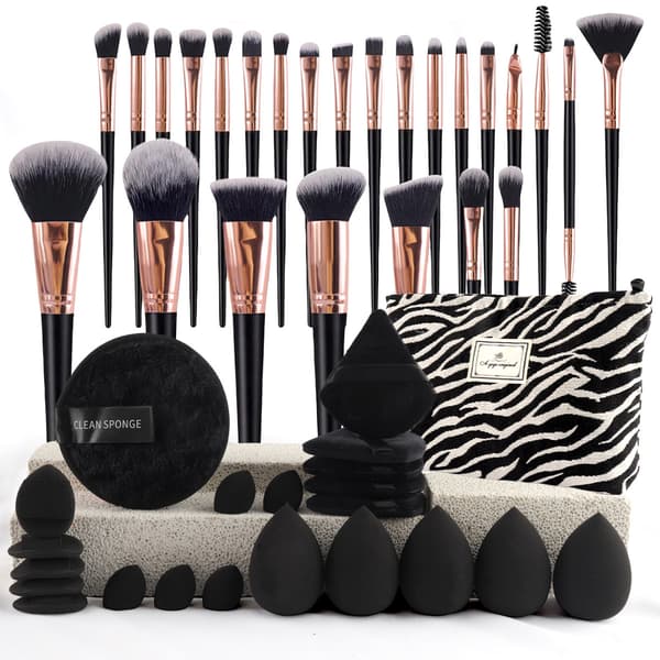 Makeupbørstesæt med zebraprint opbevaringstaske (47 dele)
