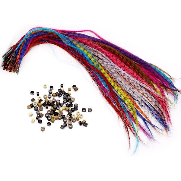 Syntetiske hårforlengelsessett med 52 syntetiske assorterte farger, 100 perler, tang og krok (lyse og ganske blandede farger)
